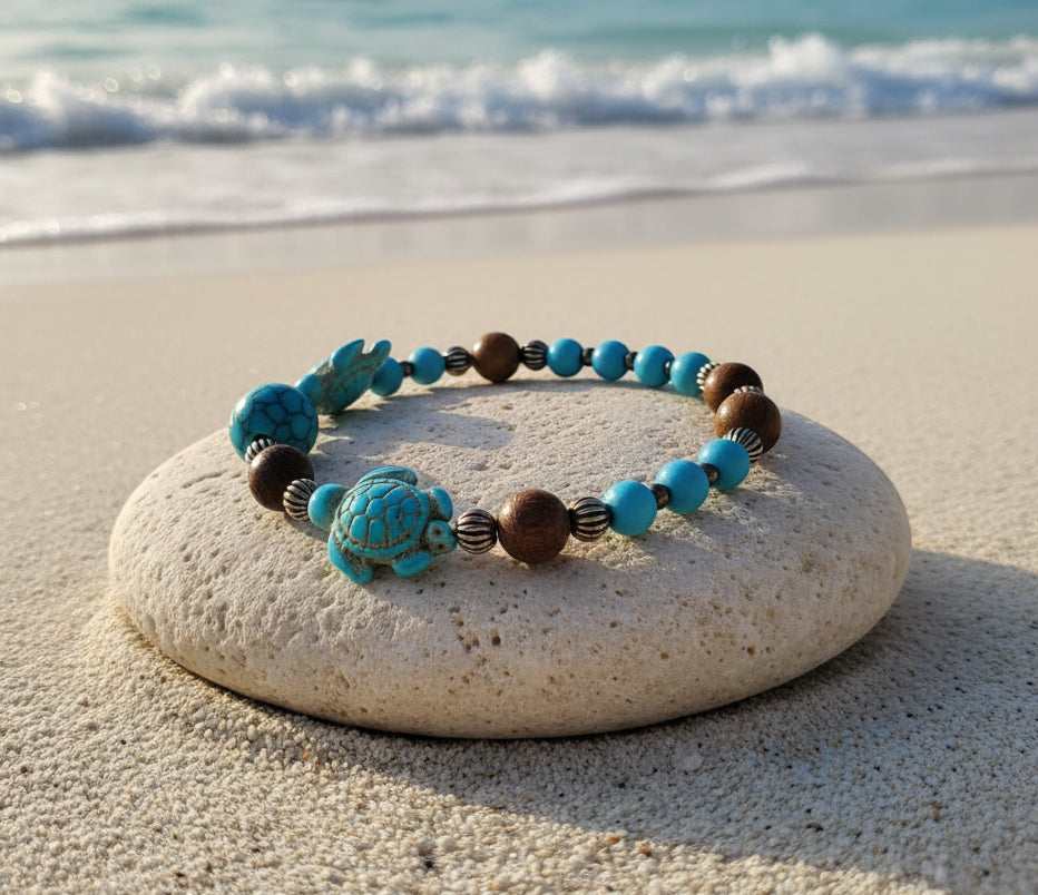 Bracelet with blue and brown wooden beads.