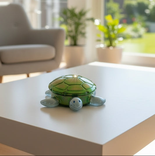 Green turtle-shaped object on a white background