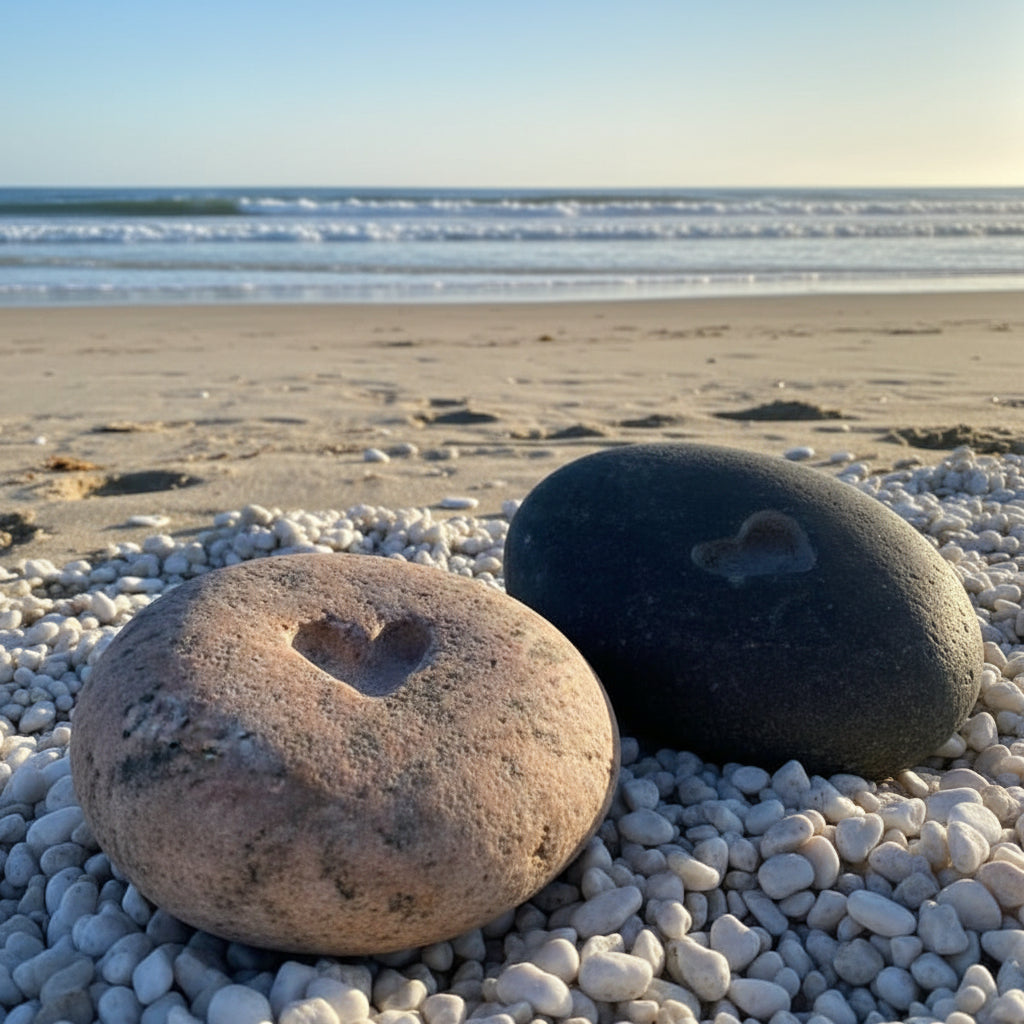 Two round stones, one black and one brown, on a white background